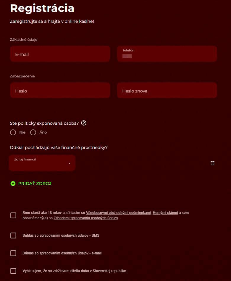 kompletný registračný formulár v kasíne Eurogold