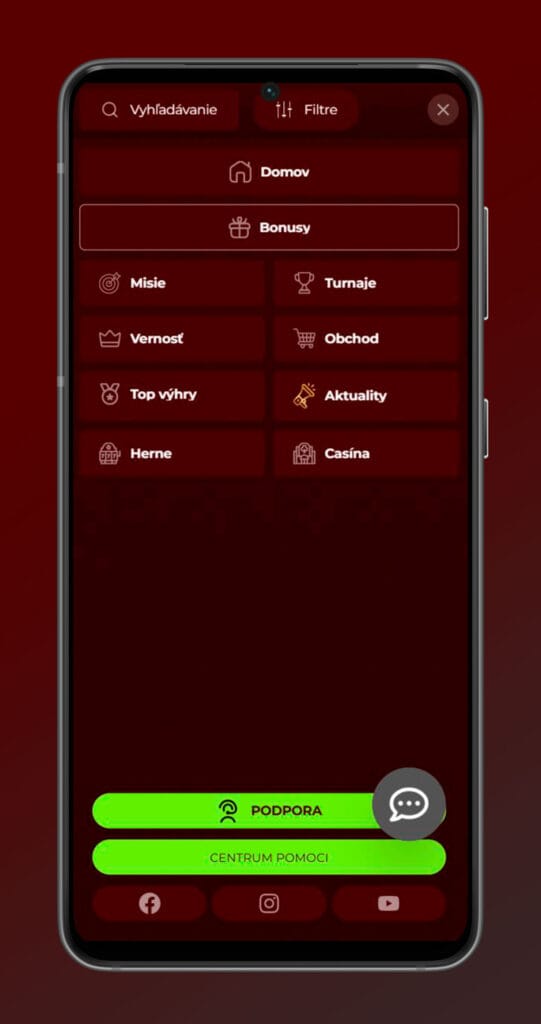 mobilné menu kasína eurogold